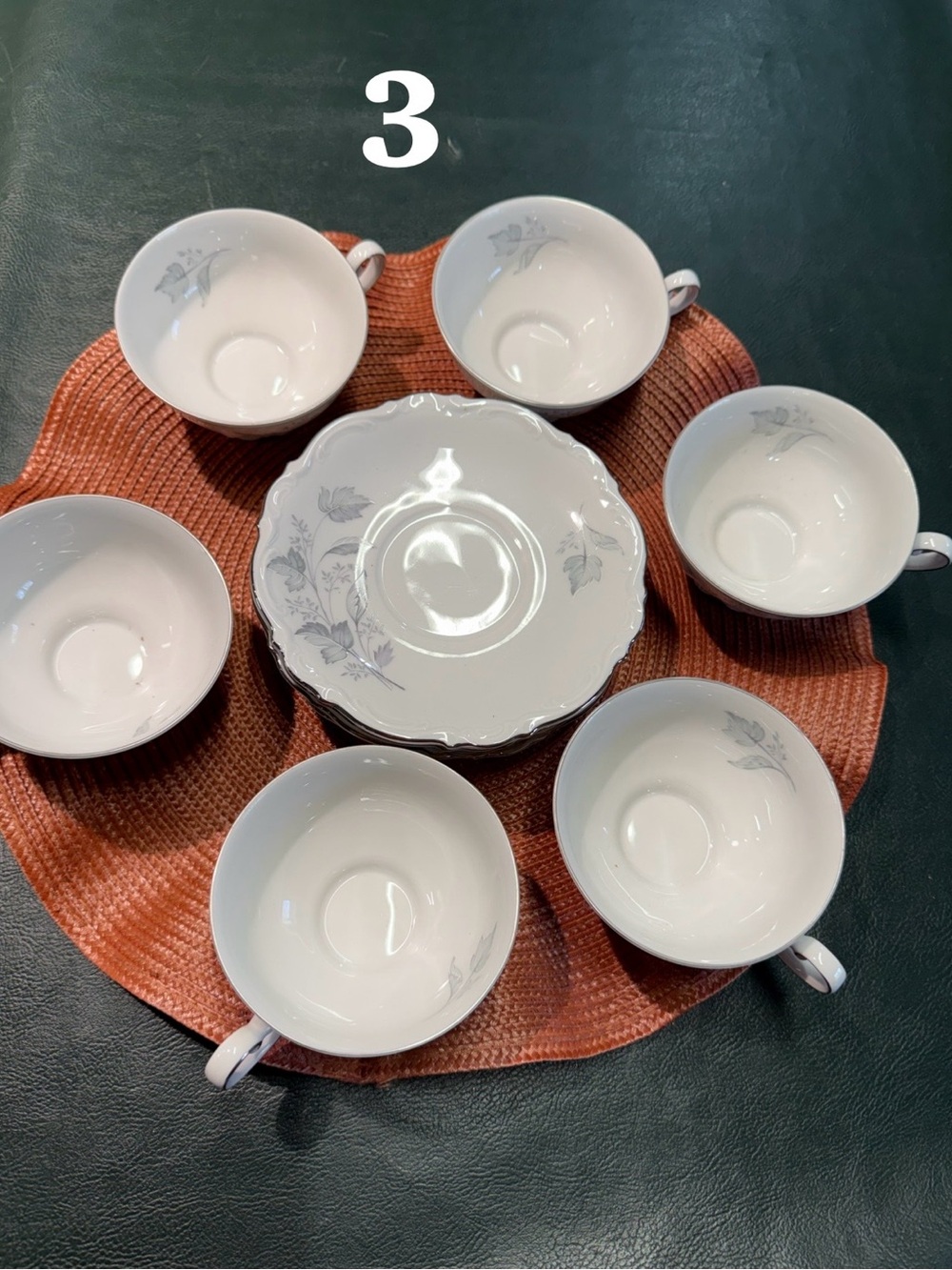6-Fine Porcelain Tea Cup and Saucer Set in White with Silver Floral Accent
